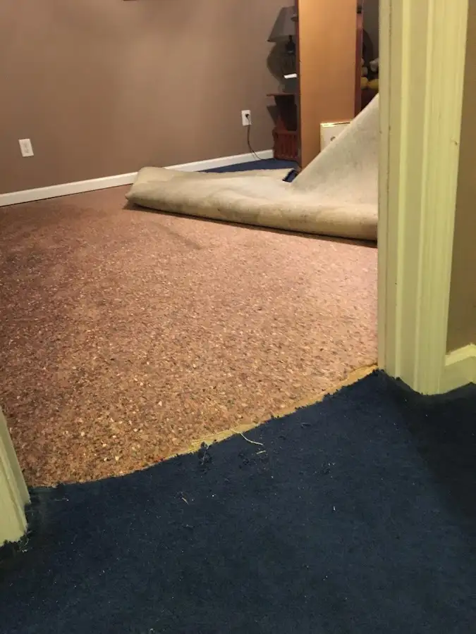 Carpet pad removal revealing water damage during Drying & Dehumidification in Brookville